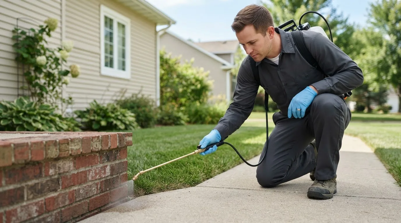 Pest control technician treating a home near Henning, IL