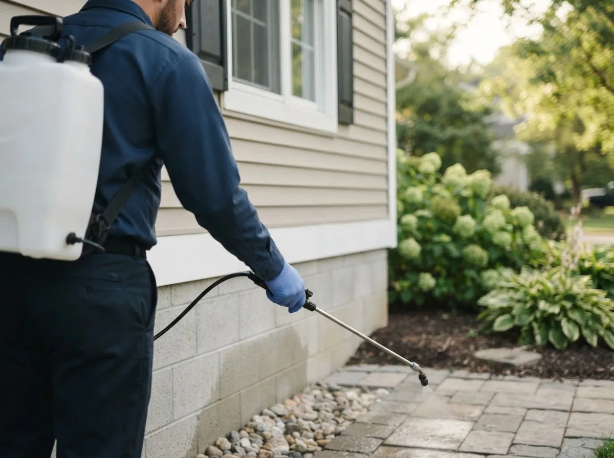 Pest control technician inspecting a home in Henning, IL